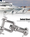 Heavy Duty 304 Stainless Steel Anchor Swivel Shackle With Smooth Rotating Action For Boats And Ground Tackle Rope Connectors close-up on a yacht.