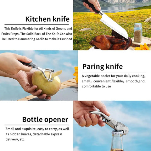 Outdoor Camping Kitchen Utensil Set 10 Piece Stainless Steel Cooking And Grilling Utensils With Travel Organizer For Camping RVs BBQs Picnics Parties And More showing knife, peeler, and bottle opener