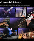 Collage showcasing Portable Guitar Audio Interface 24Bit 96kHz USB C Gear with instrument gain on various instruments.
