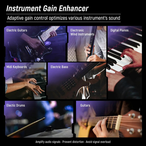 Collage showcasing Portable Guitar Audio Interface 24Bit 96kHz USB C Gear with instrument gain on various instruments.