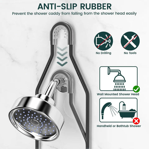 Must Have Overhead Shower Organizer With Adjustable Height Rustproof Caddy With Hooks And Soap Holder Extended Length Large Capacity Anti Swing Design Black Finish Easy Install For A Neat Tidy Bathroom Space showing anti-slip rubber design on wall-mounted shower head.
