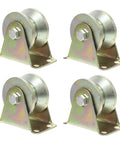 Four Piece Heavy Steel V Groove Caster Wheels For Sliding Gates And Store Doors With Precision Machined Pulley Block, showing olive green rollers.