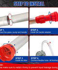 Installation steps for Rugged Aluminum Drum Pump fits 5 to 55 gallon containers with clear piping and pump assembly.