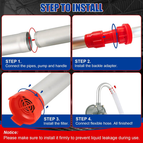 Installation steps for Rugged Aluminum Drum Pump fits 5 to 55 gallon containers with clear piping and pump assembly.