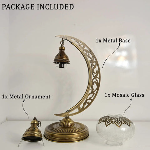 Turkish Clear Glass Moon Shape Table Lamp with metal base, ornate crescent design, and crackle mosaic glass included.