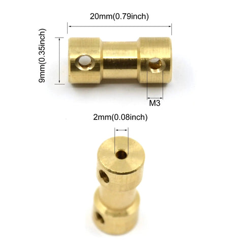 Eight Pack 2Mm To 2Mm Brass Shaft Couplings For Small Motors With Screws, flexible joint connectors, 9mm outer diameter, dimensions shown