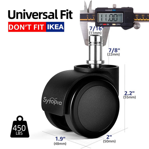 Sytopia office chair casters, 2-inch black wheels with universal standard stem 7/16 in x 7/8 in, set of 5