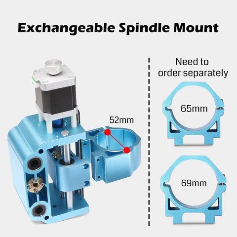 Beefed Up Aluminum Z Axis Assembly for 3018 ProVer CNC With 43mm and 52mm Spindle Mounts, 775 Spindle Ready, 300 To 500W Motor Support, Exchangeable Mounts for 65mm and 69mm Options, Plug And Play Retrofit. 52mm and 65mm mounts shown.