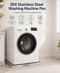 Heavy Duty 30x30x1.5 Inch Stainless Steel Washing Machine Pan With Drain Hole under a washing machine in a laundry room