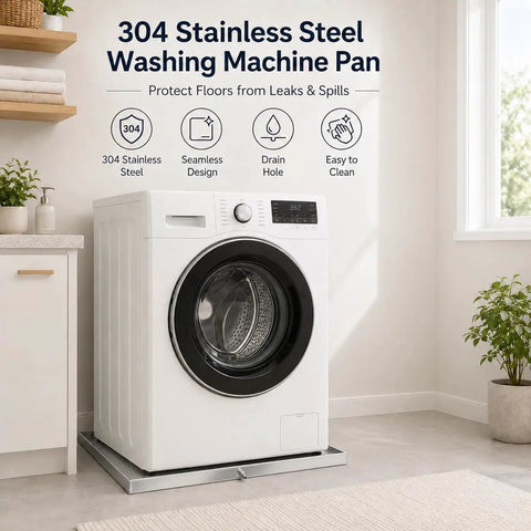 Heavy Duty 30x30x1.5 Inch Stainless Steel Washing Machine Pan With Drain Hole under a washing machine in a laundry room