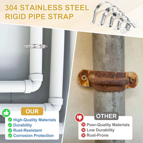 Heavy Duty 24 Pack 10mm 304 Stainless Steel Rigid Pipe Straps U Brackets With Self Tapping Screws illustration showing comparison
