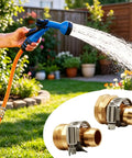 Heavy Duty 5/8 Inch Brass Hose Connector Repair Kit With Clamps, garden hose repair fitting on orange hose in use