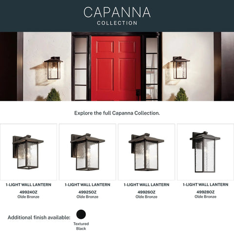 Capanna 1-Light Outdoor Wall Light In Olde Bronze With Clear Water Glass, flanking a red door, exterior sconce display.