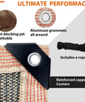 Corner detail of 90 Percent Shade Cloth With Grommets For Pergola Cover, Heavy Duty HDPE Mesh Tarp Sun Screen, shows grommet and rope.
