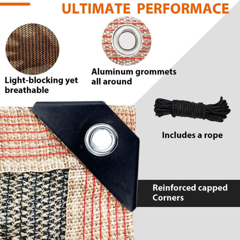 Corner detail of 90 Percent Shade Cloth With Grommets For Pergola Cover, Heavy Duty HDPE Mesh Tarp Sun Screen, shows grommet and rope.