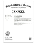 Trademark certificate image for CZXJKKL, United States Patent and Trademark Office, registration details visible.