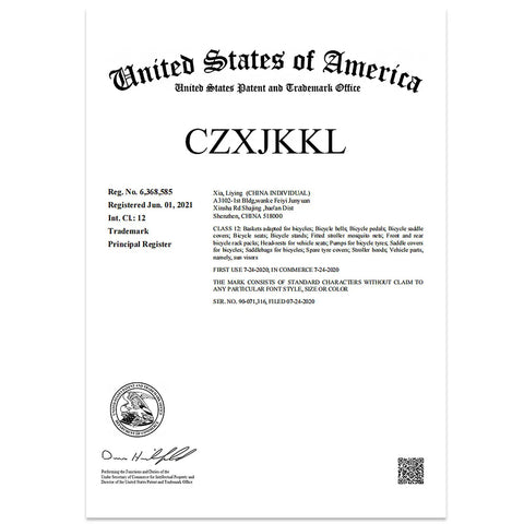 Trademark certificate image for CZXJKKL, United States Patent and Trademark Office, registration details visible.