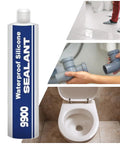 Rock-Solid 9900 Bonding Sealant and Waterproof Coating with Hella Strong Polymer Tech on white background with bathroom scenes.