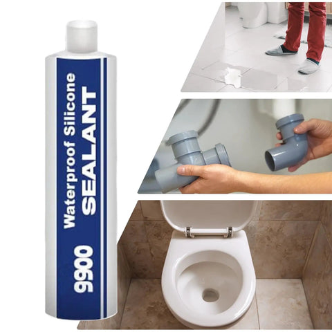 Rock-Solid 9900 Bonding Sealant and Waterproof Coating with Hella Strong Polymer Tech on white background with bathroom scenes.