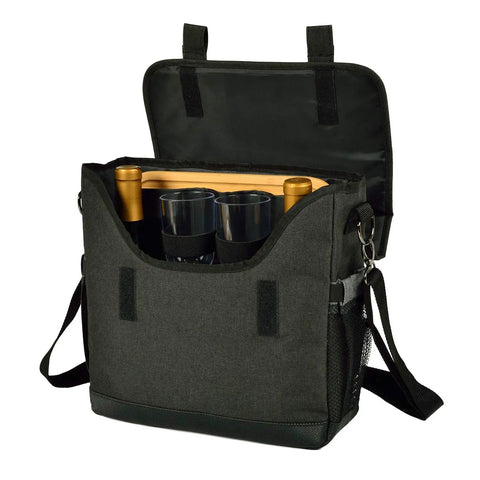 Easy Peasy Insulated Wine Tote And Cheese Set For Four With Glasses And Bamboo Serving Board Rugged Polycanvas Carrier with wine bottles.