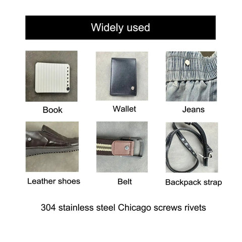 Rock Solid Chicago Screws And Leather Rivets Kit Built Tough With 304 Stainless Steel used in book, wallet, jeans, leather shoes, belt, backpack strap.