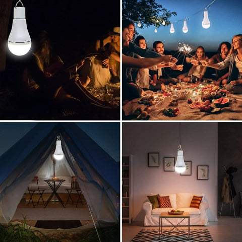 4 Pack Portable Emergency LED Light Bulbs USB Rechargeable Camping Lanterns in various outdoor and indoor settings.