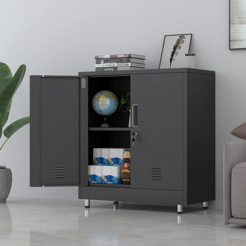 Sturdy Metal Storage Cabinet With Locking Doors And Adjustable Shelves Perfect Lockable Sideboard For Your Home Office Hallway Entryway Living And Dining In Black with books and globe on shelves.