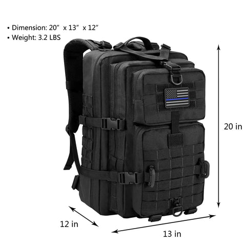 MOLLE Assault Backpack 40L Tactical Military Rucksack 3 Day Pack With USA Flag Patch Water Resistant High Density Fabric Black