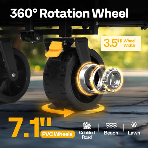 Heavy Duty Collapsible Wagon Cart With 440 Lbs Capacity, 360-degree rotating all-terrain wheels image with size labels.