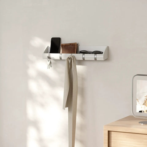 Cubby Entryway Organizer With Mail, Phone, And Wallet Compartment Plus Five Flip Up Hooks For Keys And Small Accessories, White