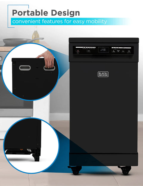 Solid 18 Inch Portable Dishwasher On Wheels And Energy Star Efficient 8 Place Setting Countertop Machine showcasing portable design features and mobility.