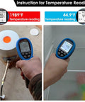 Laser Temp Gun Pyrometer With 16 To 1 Distance To Spot, Ultra Fast 0.25 Second Readout, -58 To 2480 F Range, Industrial Infrared Thermometer For Furnace And Smelting, Laser Aiming, Not For Human Temperature. handheld blue infrared thermometer reading furnace and bath surfaces