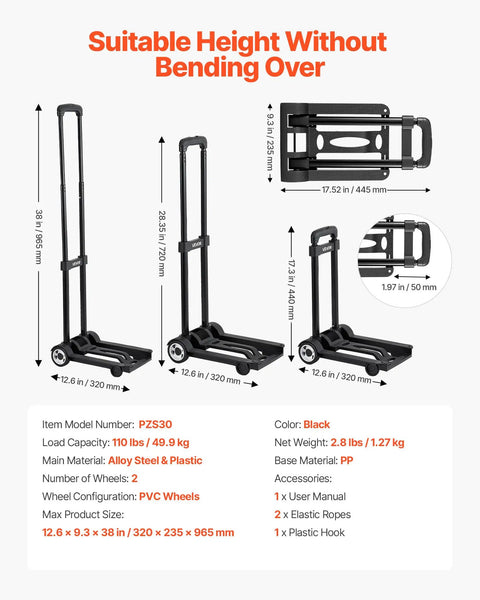Foldable Hand Truck For Quick Moves 110 Lb Load Capacity Collapsible Luggage Cart With 2 Wheels And Elastic Rope Handy Dolly dimensions
