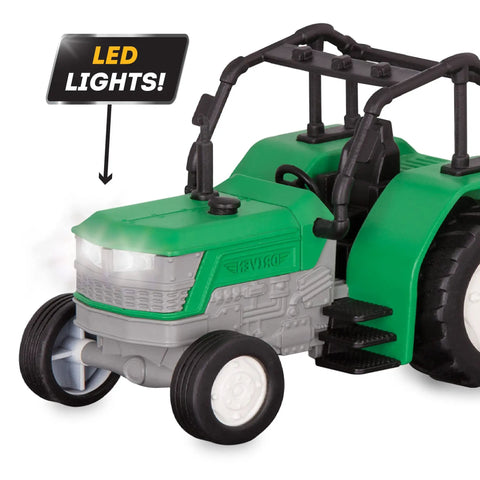 Close-up of 7-Inch Tractor Toy With Lights And Sounds, showing LED headlights and detailed green body design.
