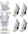 Front view of Three Way Toggle Light Switch 15 Amp 120 Volt In Wall Quiet Framed Glossy White Built Tough Self Grounding UL Listed Residential And Commercial Grade Five Pack Perfect For Homes And Small Businesses
