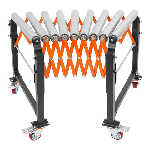 Heavy Duty Adjustable Roller Conveyor Telescopic Table With Four Smooth Gliding Casters, 17-51in adjustable span, for shop use.