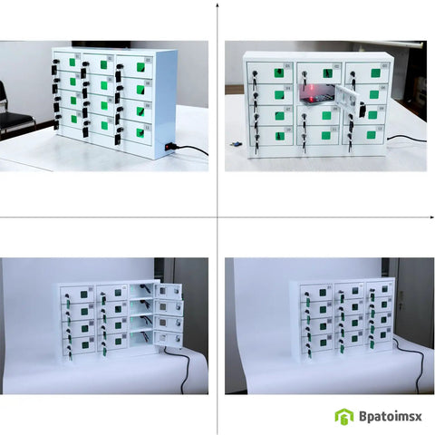 Solid Heavy Duty Steel 12 Slot Cell Phone Storage Lockers With Integrated Fast Charging Station And Secure Key Lock For Offices Schools And Work Crews White, side view with lockers opened and charging ports visible.