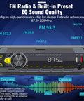 Image showing Single Din Car Stereo Bluetooth 5.0 Multimedia Receiver with built-in preset EQ sound quality and FM radio frequencies.