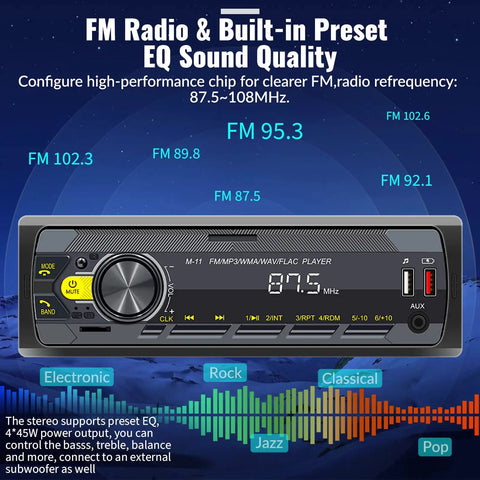Image showing Single Din Car Stereo Bluetooth 5.0 Multimedia Receiver with built-in preset EQ sound quality and FM radio frequencies.
