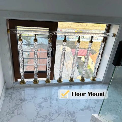 Acrylic Staircase Spindles Bundle With Killer Clear Bubble Design And Top Shelf Steel Hardware For Super Easy Indoor Outdoor Railing Install Includes Twenty Pieces And All Necessary Parts, floor-mounted spindles with gold hardware and clear acrylic.