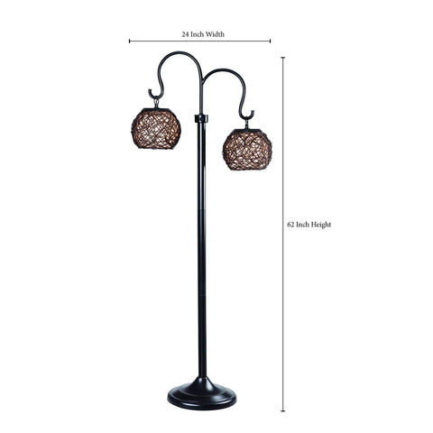 Castillo Outdoor Floor Lamp With Oil Rubbed Bronze Highlight Finish, Rustic Vibe Backyard Lighting, Dual Suspended Woven Rattan Shades