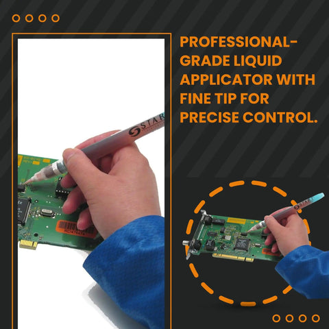 Hand using Pro Grade Flux Pen for electronics soldering on circuit board with fine tip applicator.