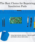 Oversized Soldering Mat 27.6 by 15.7 Inches with tools and circuit board for electronics repair on blue surface