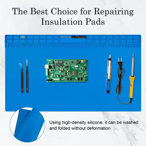 Oversized Soldering Mat 27.6 by 15.7 Inches with tools and circuit board for electronics repair on blue surface