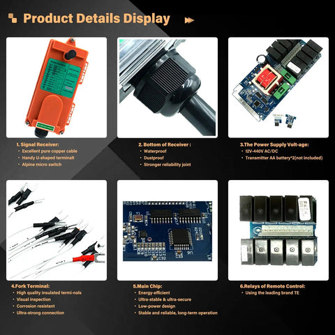 Heavy Duty Full Voltage Industrial Wireless Crane Remote Control Kit components with transmitters, receiver, orange color.
