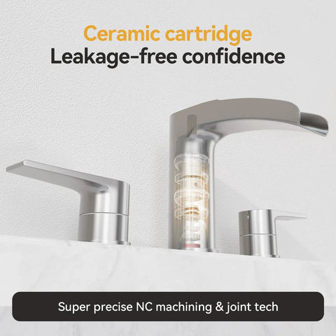 Brushed Nickel Waterfall Bathroom Faucet For Your Vanity Sink Widespread 3 Hole 8 Inch Design Solid 304 Stainless Steel Construction, close-up showing ceramic cartridge inside.