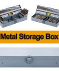 Open and closed views of Cobalt Drill Bit Set 115 Pc Pro Grade Heavy Duty High Speed Steel M35 with metal index storage box