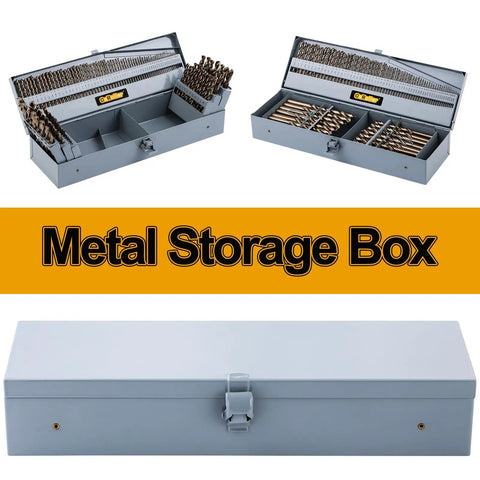 Open and closed views of Cobalt Drill Bit Set 115 Pc Pro Grade Heavy Duty High Speed Steel M35 with metal index storage box
