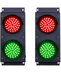 Set Of Two Built Like A Tank Red And Green LED Loading Dock Traffic Lights For Warehouse Docking Forklift And Truck Guidance Indoor Outdoor Use Mounting Brackets Included Ready To Roll, showing bright signals.