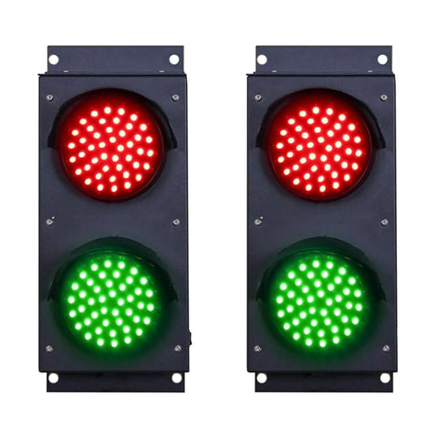 Set Of Two Built Like A Tank Red And Green LED Loading Dock Traffic Lights For Warehouse Docking Forklift And Truck Guidance Indoor Outdoor Use Mounting Brackets Included Ready To Roll, showing bright signals.